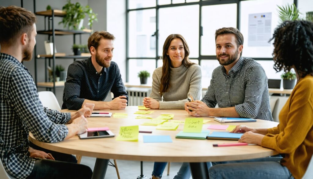 Kleine groep professionals rond vergadertafel in overleg over organisatieontwikkeling, met post-its en notitieboekjes op tafel.
