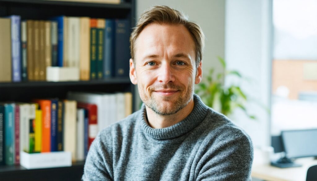 Authentiek portret van een coachende professional in lichte kantoorruimte, ontspannen en toegankelijk.