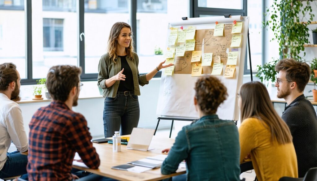 Trainer voor een groep deelnemers in een lichte trainingsruimte met flip-over en post-its aan de muur.
