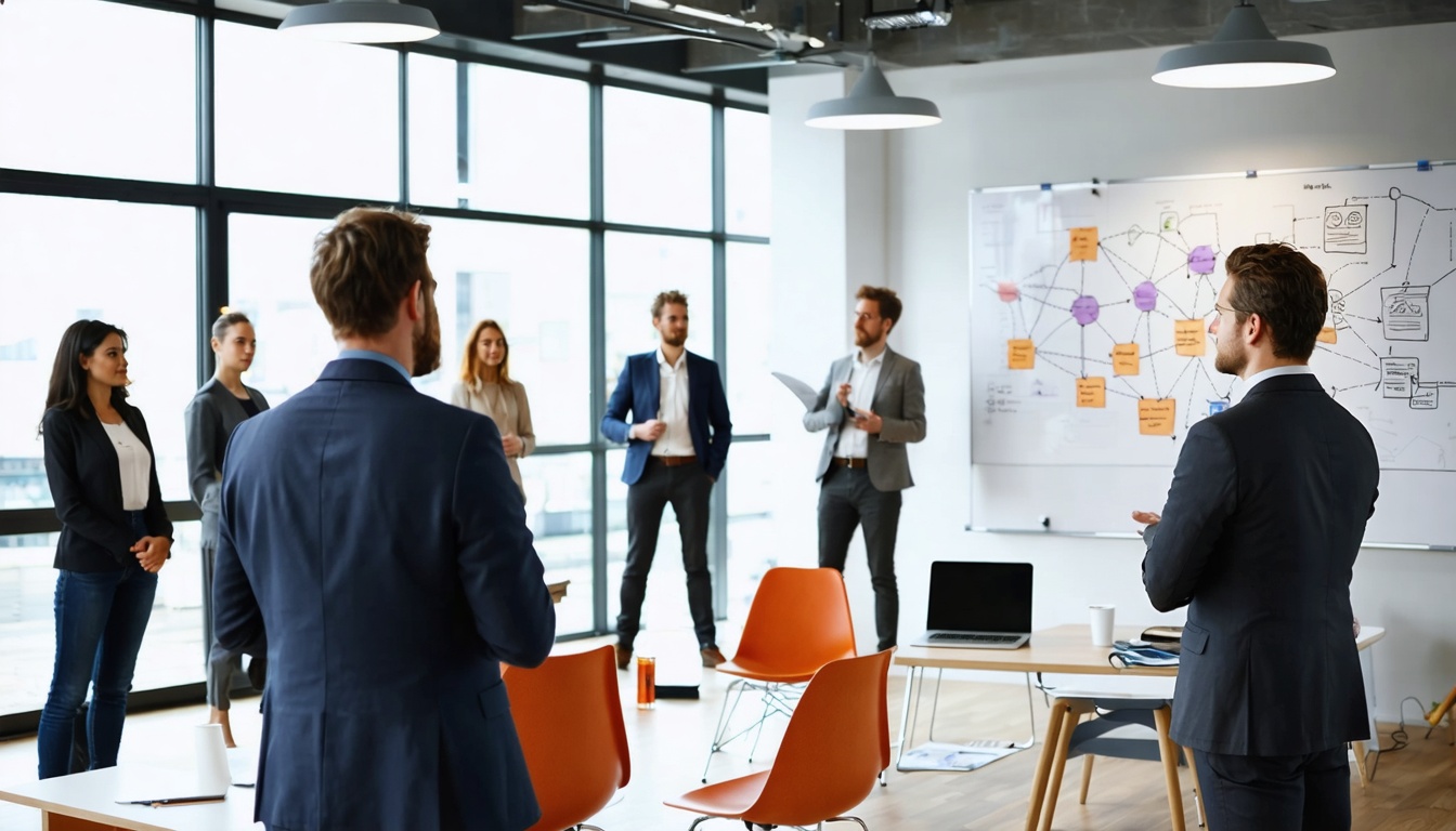 Professionals staan strategisch opgesteld in een ruimte tijdens een organisatieopstelling, met begeleider aan de zijkant.