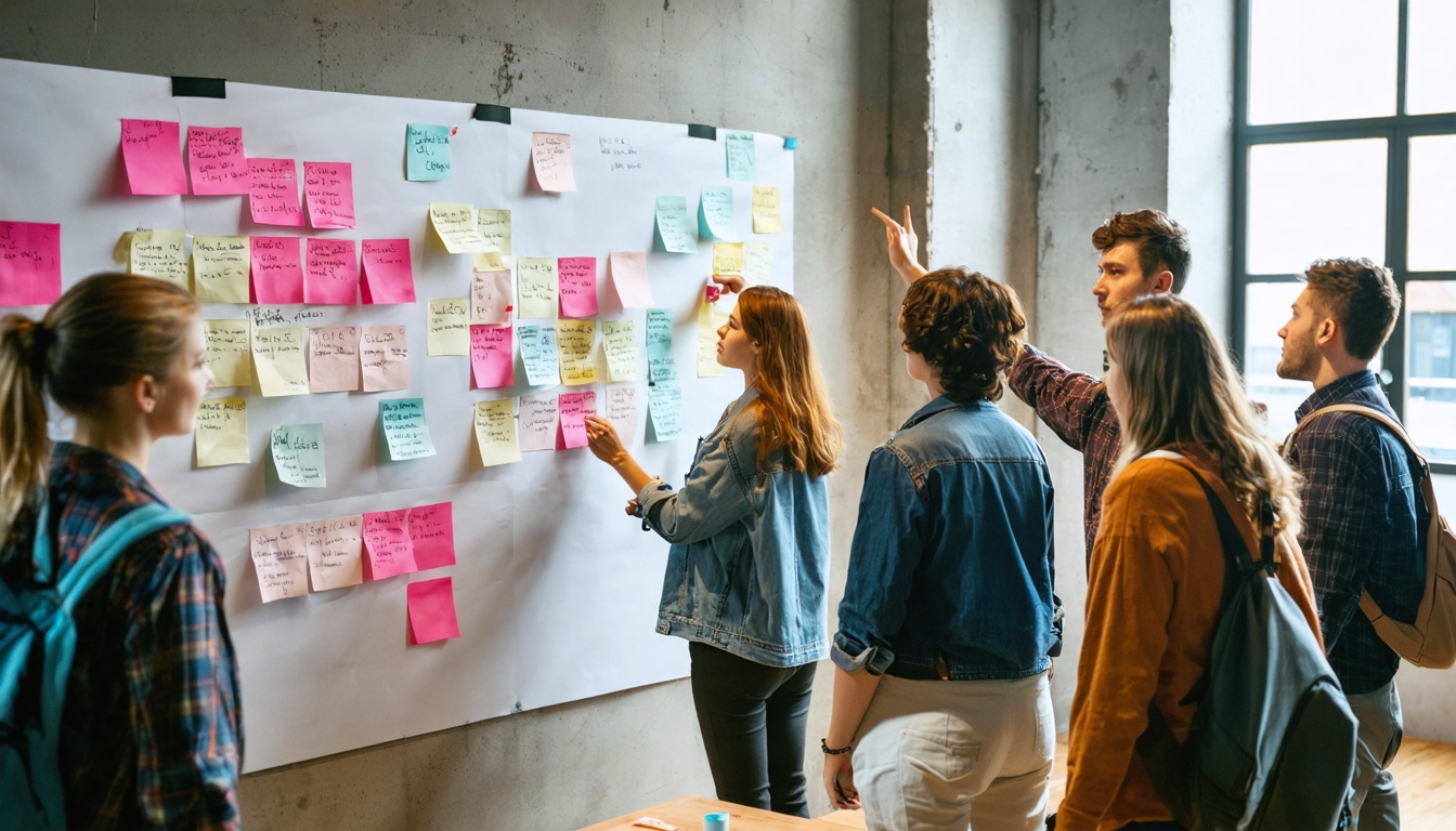 Deelnemers werken staand bij een muur vol papier en post-its tijdens een training.